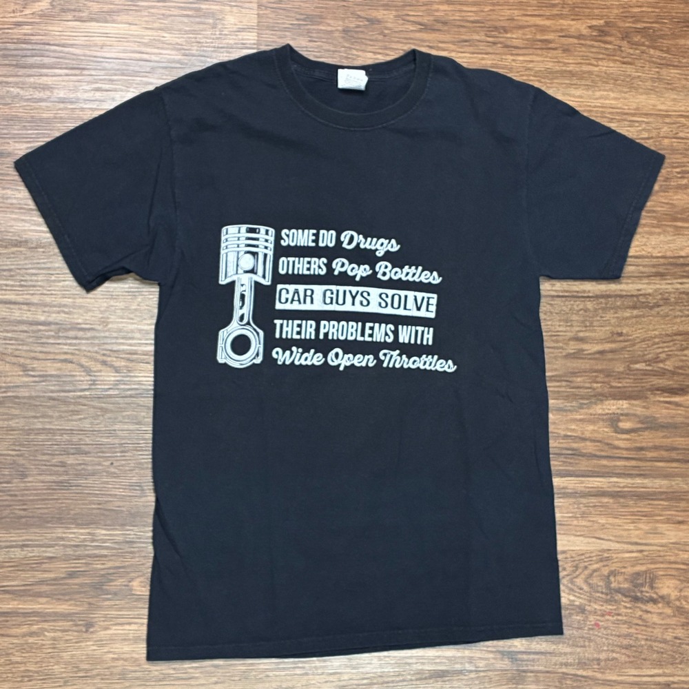 Car Guys Wide Open Throttles Piston Graphic T Shirt Black Mens Medium M